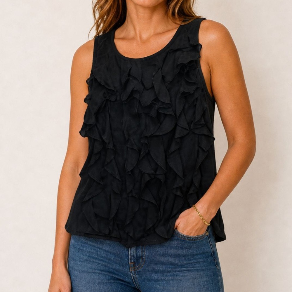 Whimsigoth Dark Coquette Tank Top Women Black Ruffle Keyhole Sleeveless Blouse L